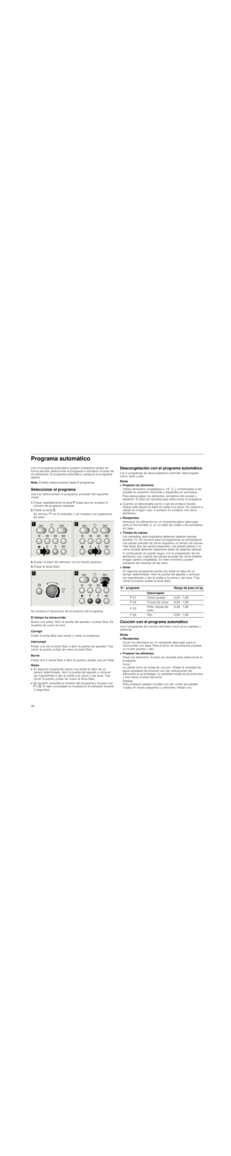 Programa automático, Nota, Seleccionar el programa | Pulsar la tecla 1, Pulsar la tecla start, El tiempo ha transcurrido, Corregir, Interrumpir, Borrar, Notas | Siemens HF15G561 User Manual | Page 46 / 72