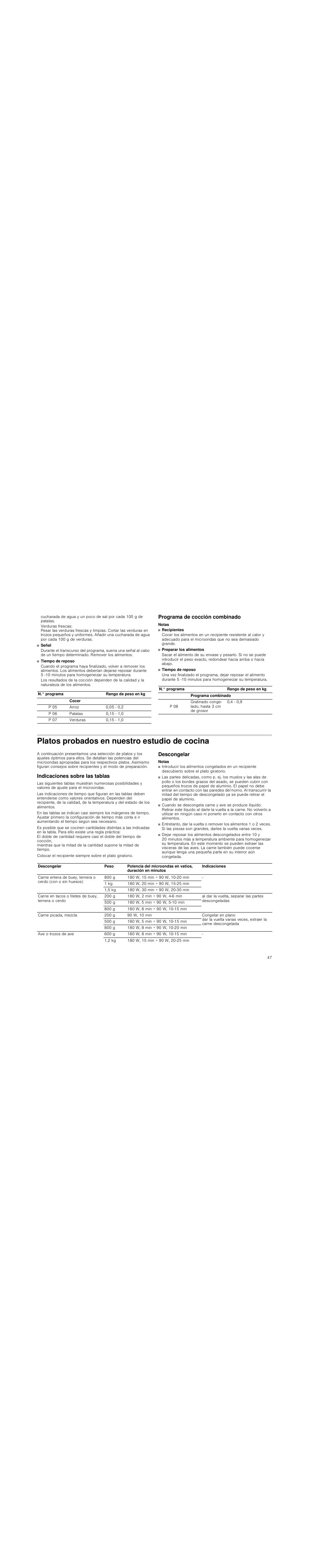 Programa de cocción combinado, Notas, Platos probados en nuestro estudio de cocina | Indicaciones sobre las tablas, Descongelar | Siemens HF15G561 User Manual | Page 47 / 72