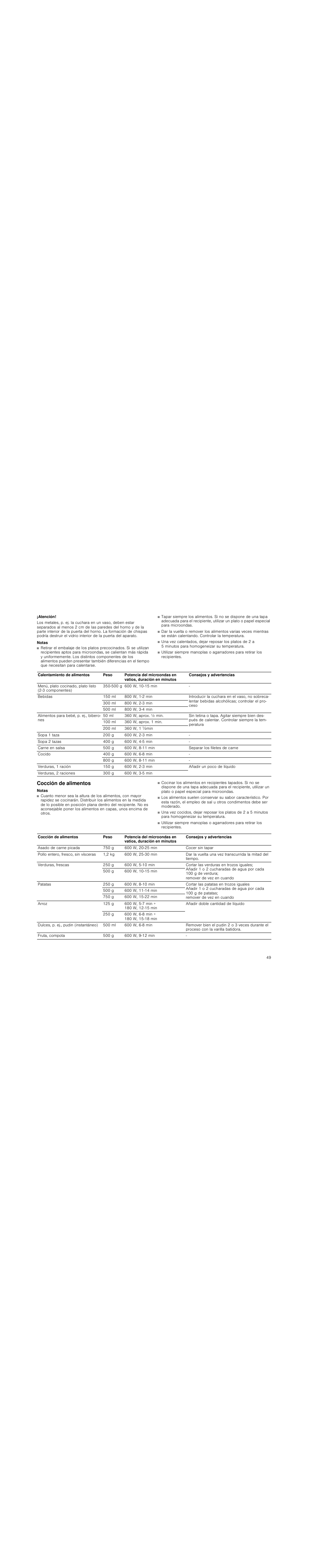 Atención, Notas, Cocción de alimentos | Siemens HF15G561 User Manual | Page 49 / 72