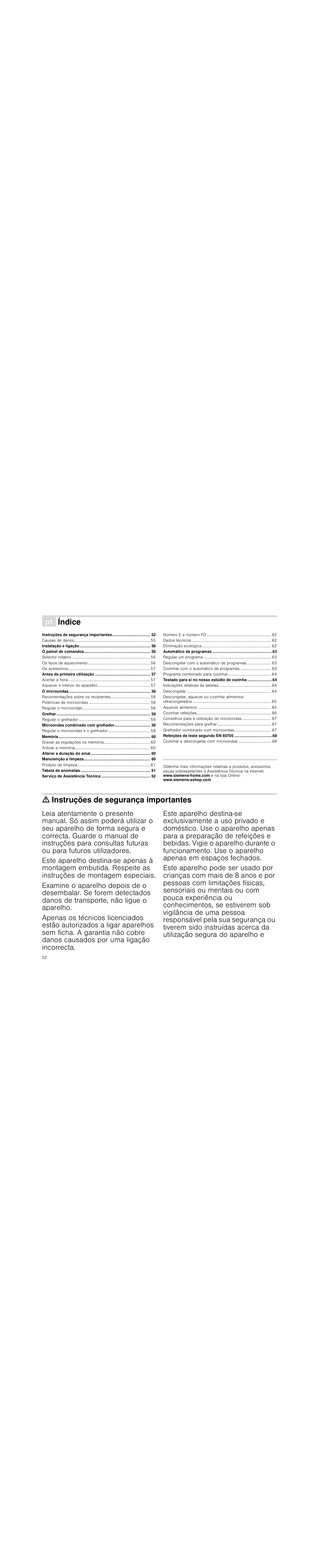 Ì índice[pt] instruções de serviço, M instruções de segurança importantes, Índice | Ã=instruções de segurança importantes | Siemens HF15G561 User Manual | Page 52 / 72