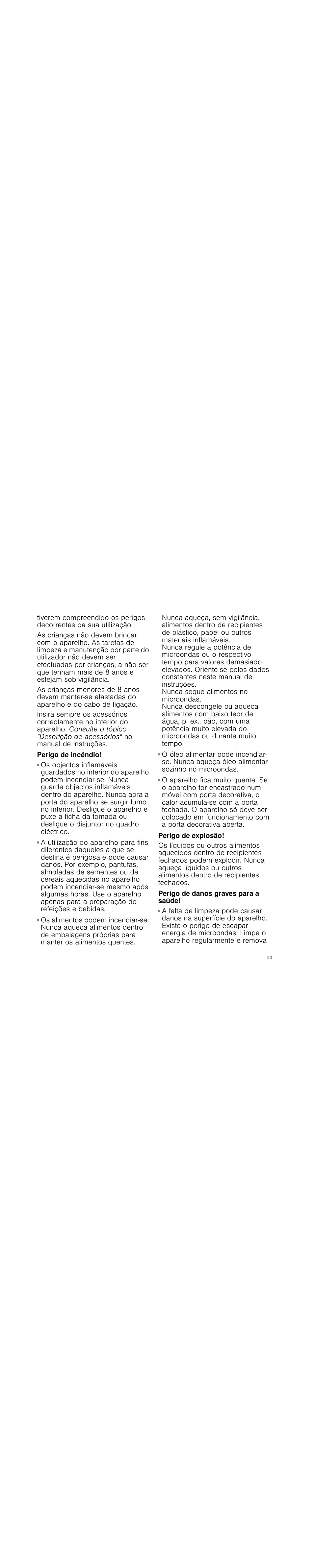 Perigo de incêndio, Perigo de explosão, Perigo de danos graves para a saúde | Siemens HF15G561 User Manual | Page 53 / 72