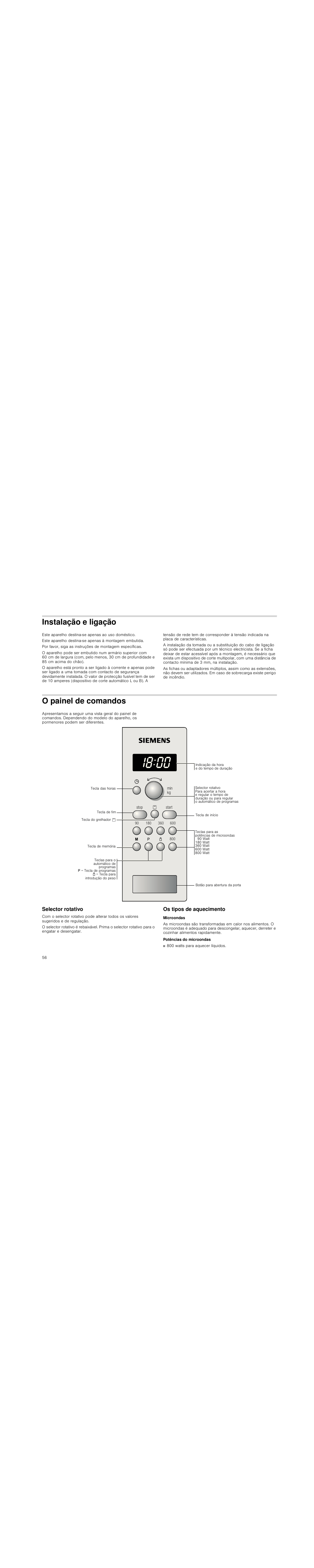 Instalação e ligação, O painel de comandos, Selector rotativo | Os tipos de aquecimento, Microondas, Potências do microondas | Siemens HF15G561 User Manual | Page 56 / 72