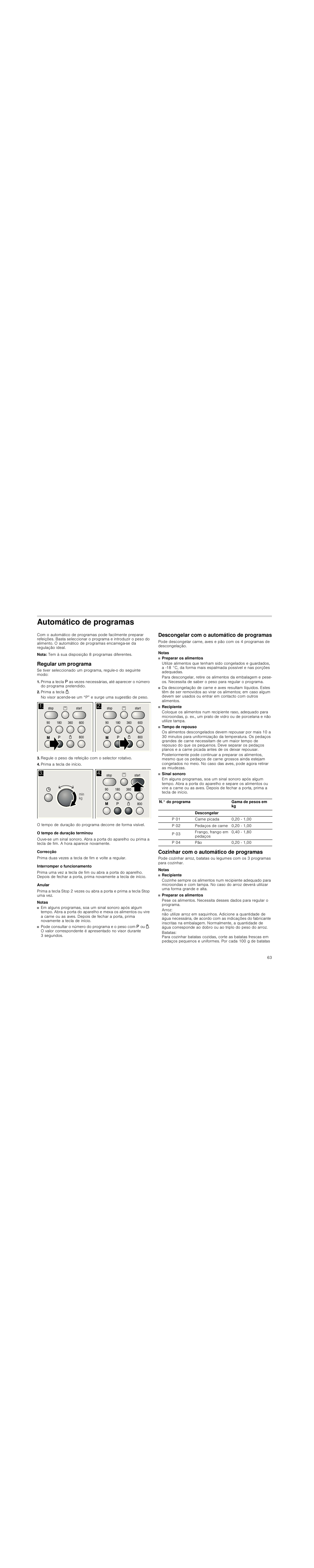 Automático de programas, Nota, Regular um programa | Prima a tecla 1, Regule o peso da refeição com o selector rotativo, Prima a tecla de início, O tempo de duração terminou, Correcção, Interromper o funcionamento, Anular | Siemens HF15G561 User Manual | Page 63 / 72