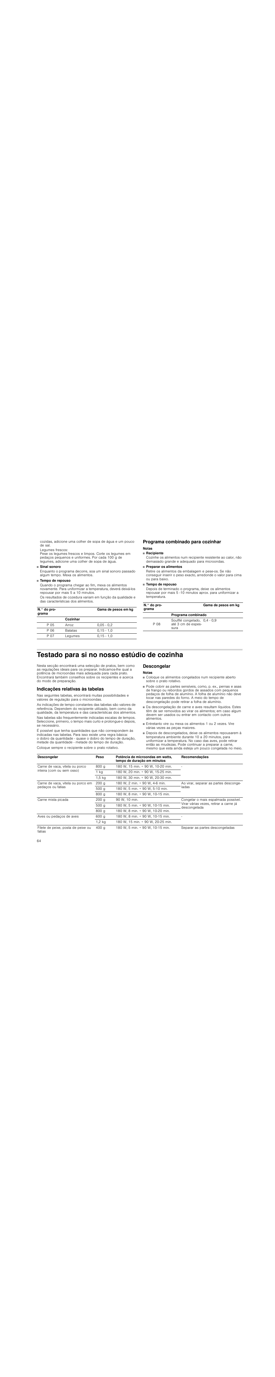 Programa combinado para cozinhar, Notas, Testado para si no nosso estúdio de cozinha | Indicações relativas às tabelas, Descongelar | Siemens HF15G561 User Manual | Page 64 / 72