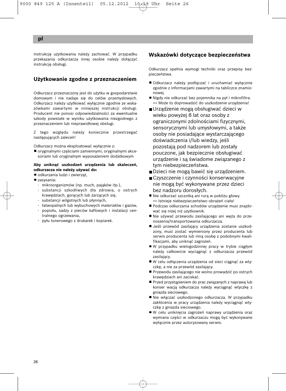 Wskazówki dotyczące bezpieczeństwa, De hu pl, Użytkowanie zgodne z przeznaczeniem | Siemens VS06G2080 User Manual | Page 27 / 117