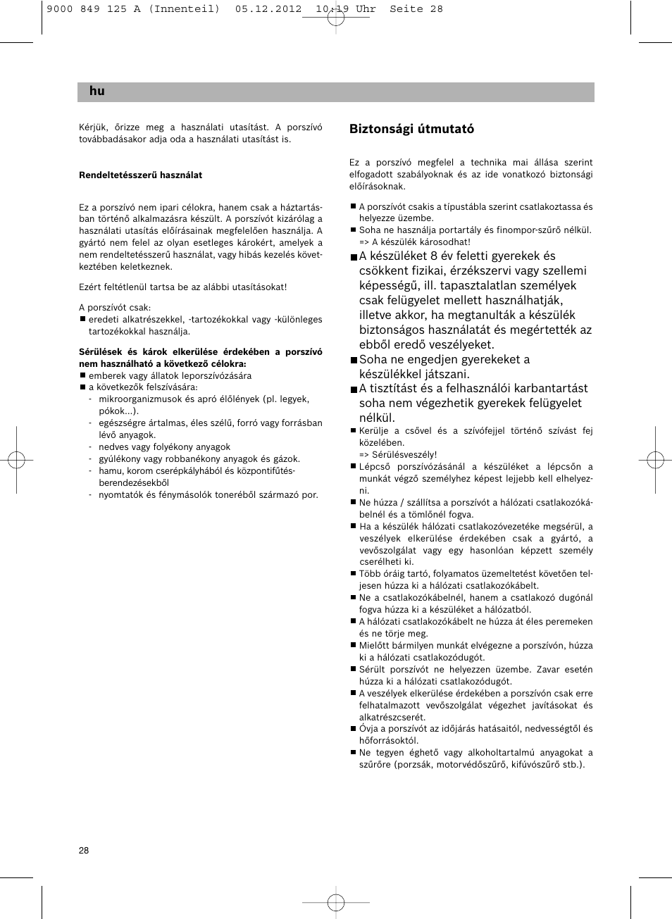 Biztonsági útmutató, De hu | Siemens VS06G2080 User Manual | Page 29 / 117