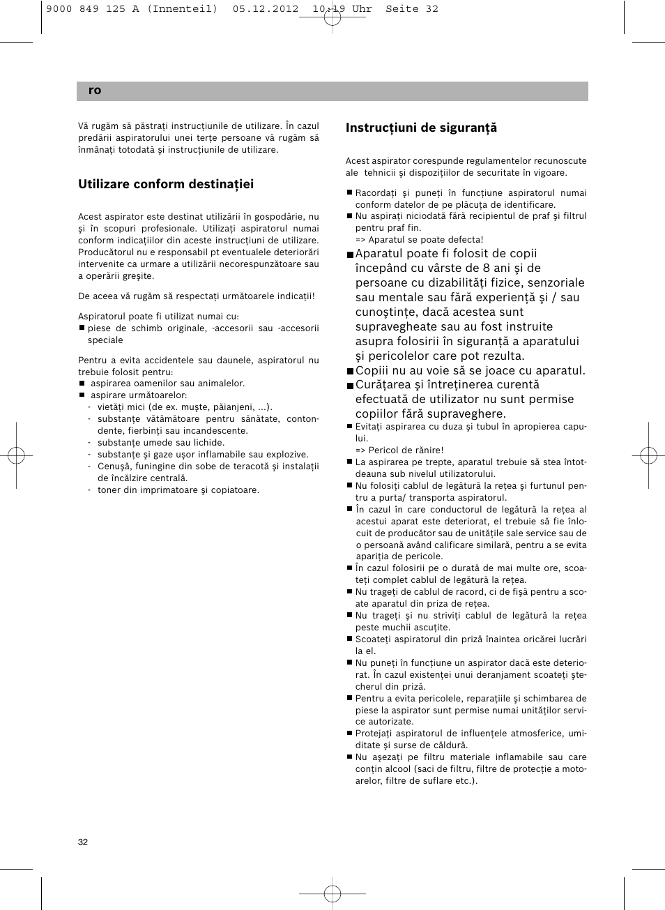 Instrucţiuni de siguranţă, De ru ru ro, Utilizare conform destinaţiei | Siemens VS06G2080 User Manual | Page 33 / 117