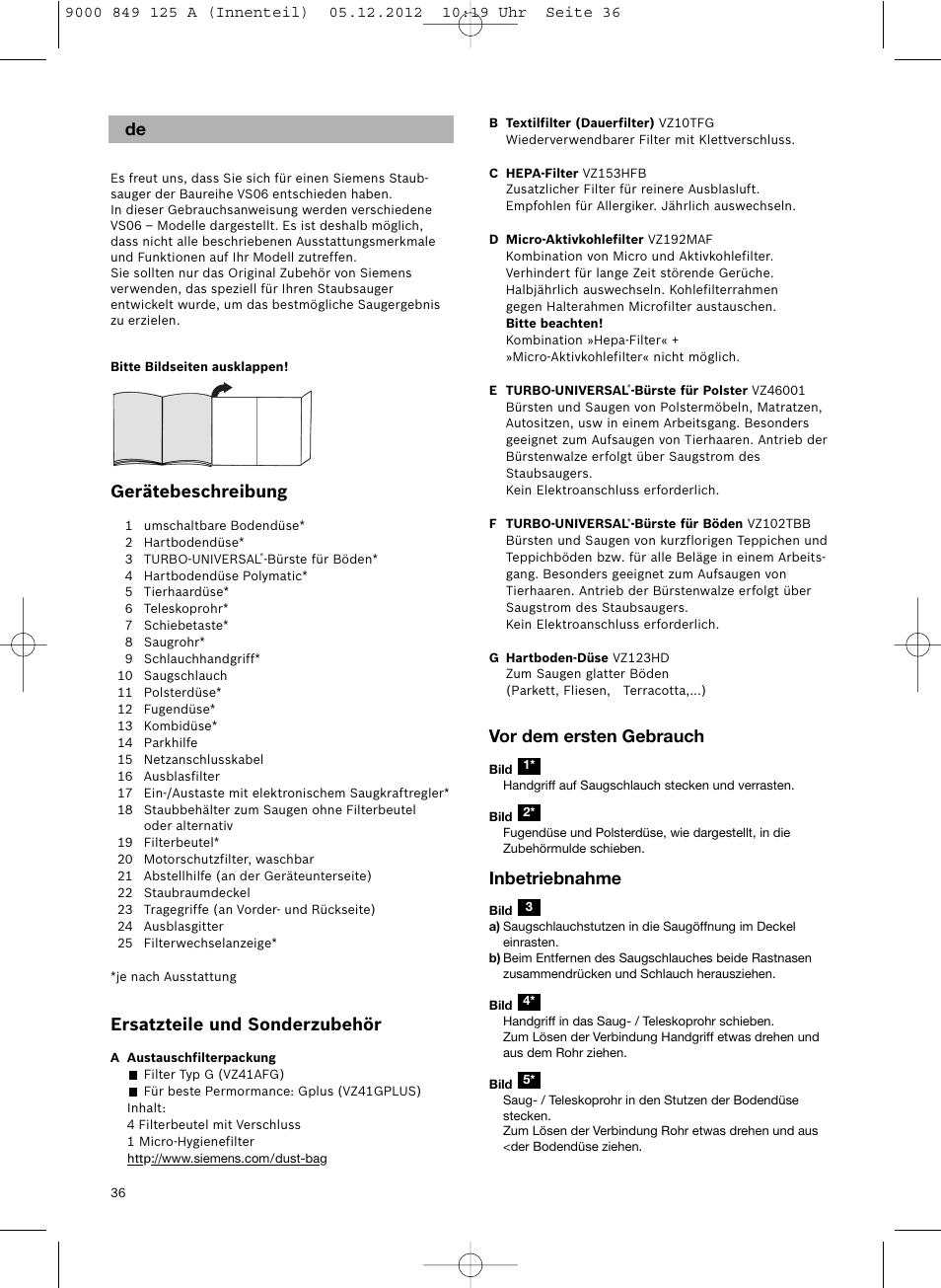 Gerätebeschreibung, Ersatzteile und sonderzubehör, Vor dem ersten gebrauch | Inbetriebnahme | Siemens VS06G2080 User Manual | Page 37 / 117