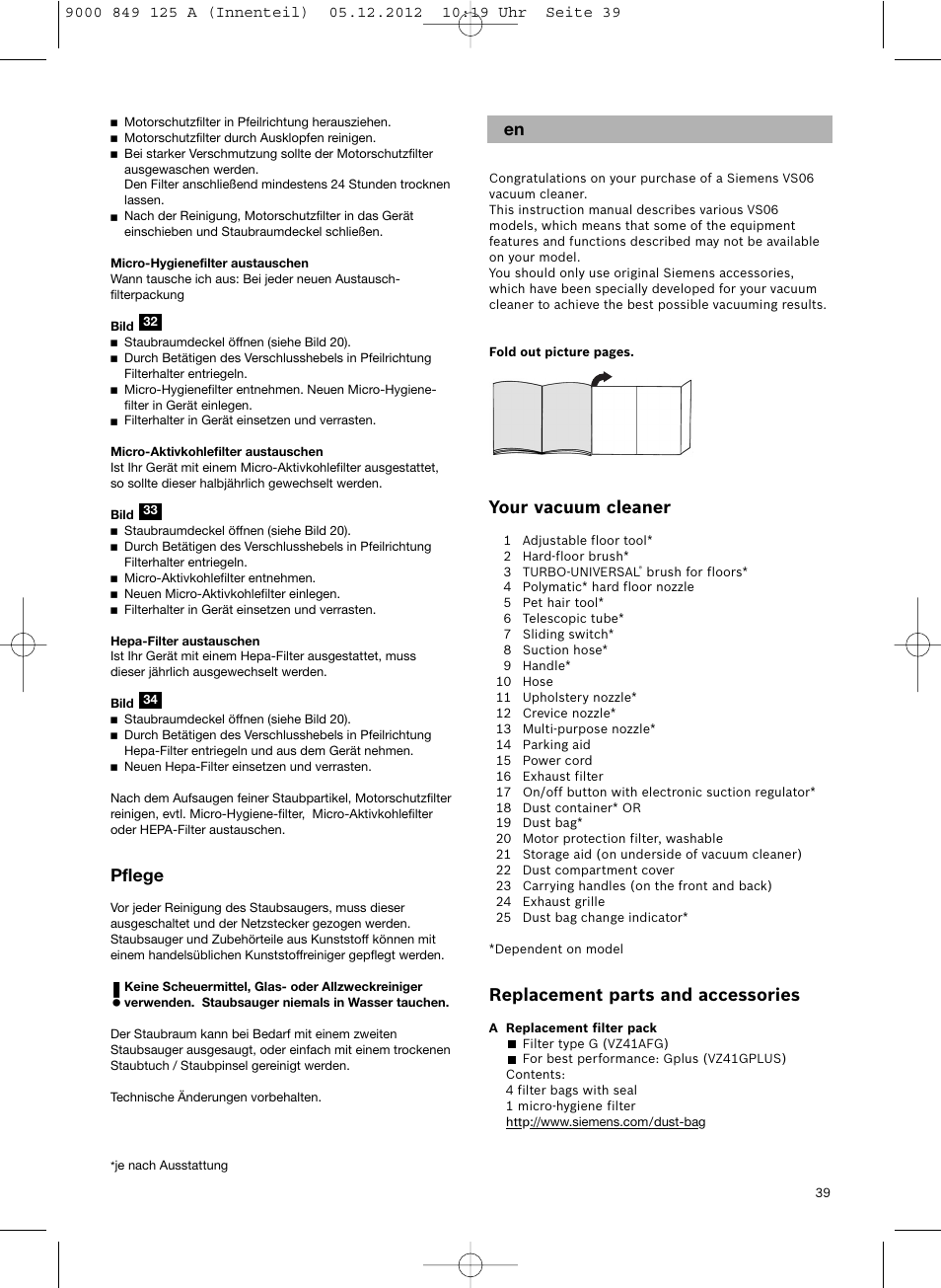 Your vacuum cleaner, Replacement parts and accessories, Pflege | Siemens VS06G2080 User Manual | Page 40 / 117