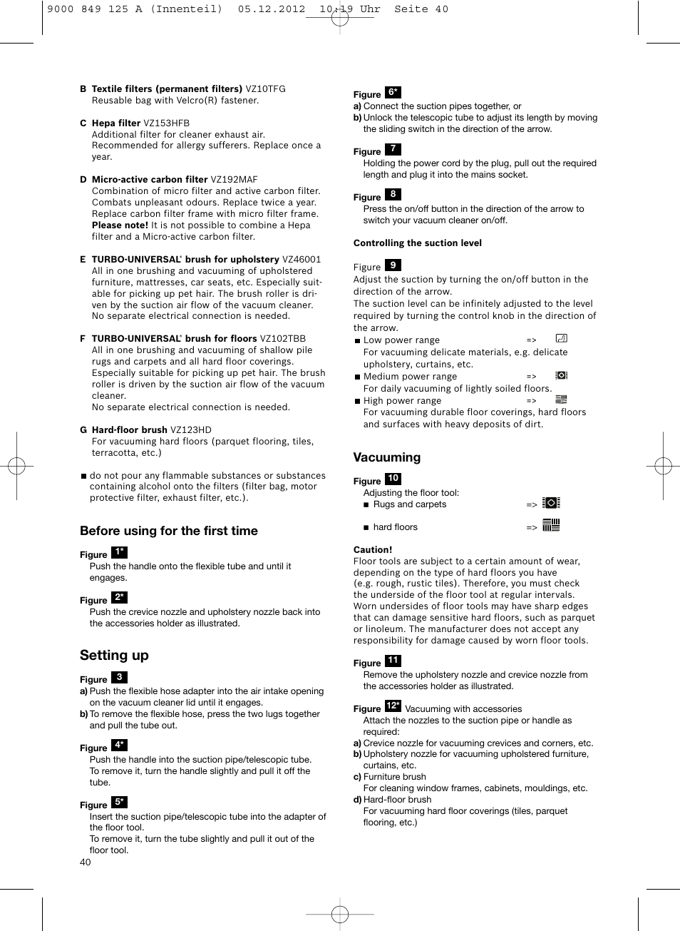 Setting up, Before using for the first time, Vacuuming | Siemens VS06G2080 User Manual | Page 41 / 117
