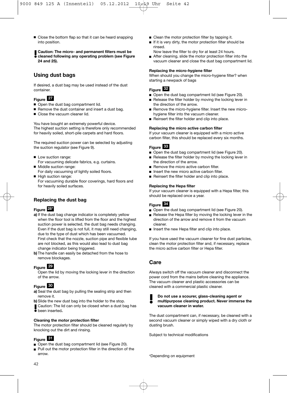 Using dust bags, Care | Siemens VS06G2080 User Manual | Page 43 / 117