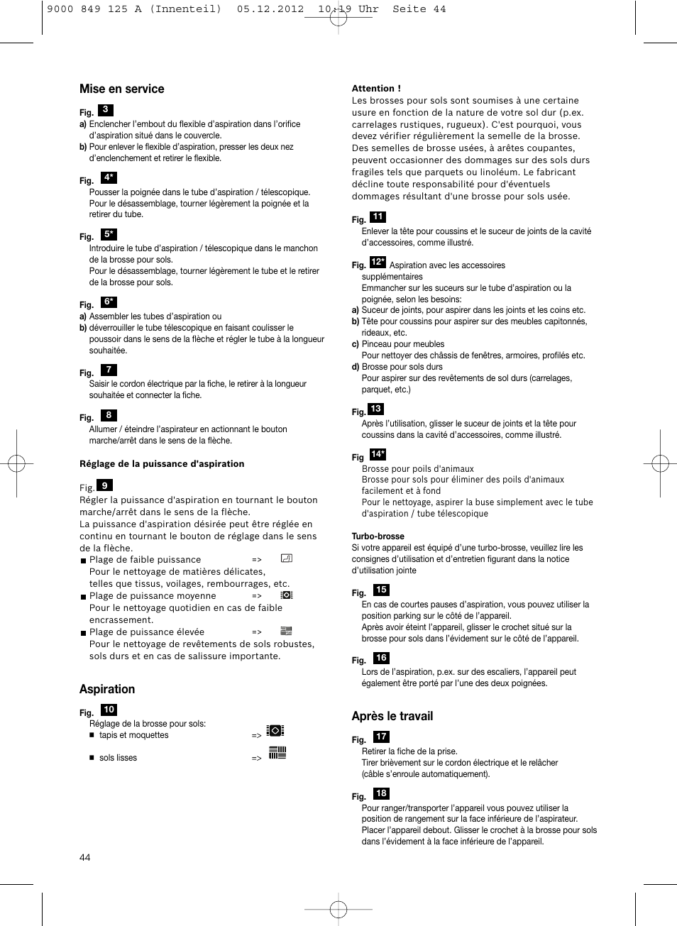 Mise en service, Aspiration, Après le travail | Siemens VS06G2080 User Manual | Page 45 / 117