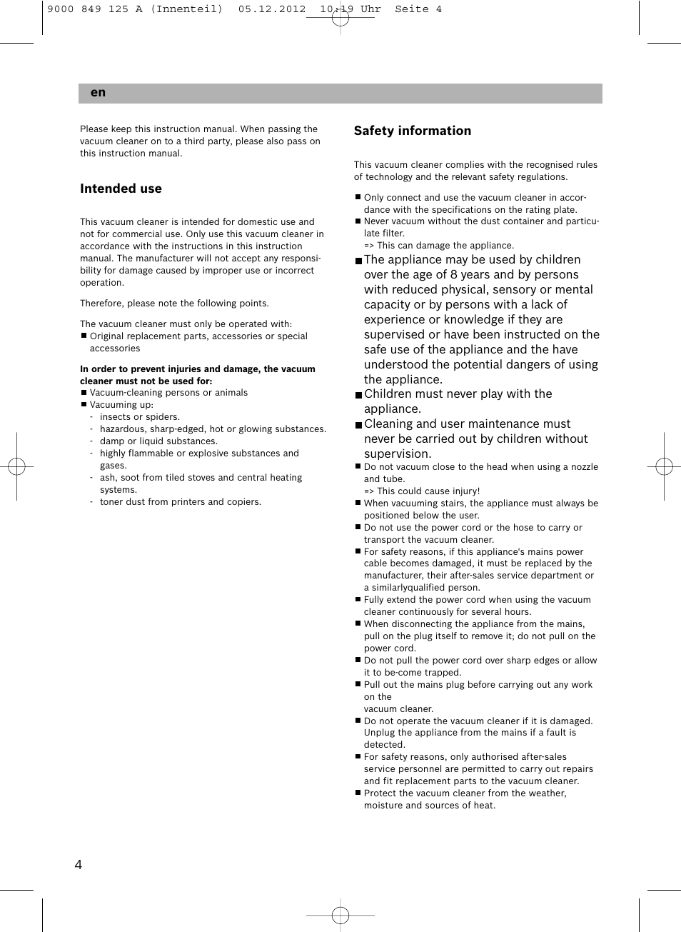 Intended use, Safety information | Siemens VS06G2080 User Manual | Page 5 / 117