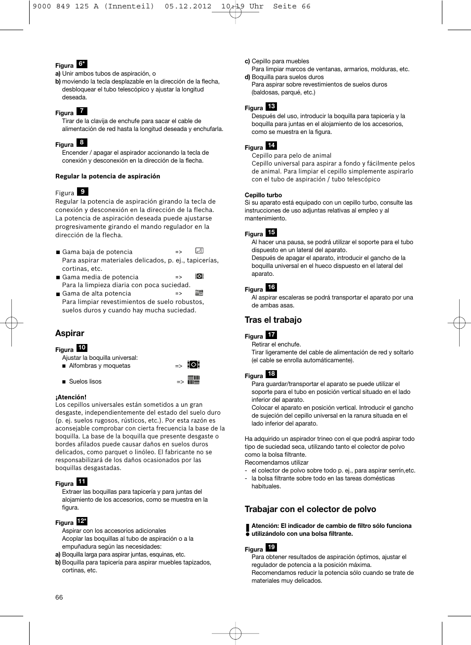 Aspirar, Tras el trabajo, Trabajar con el colector de polvo | Siemens VS06G2080 User Manual | Page 67 / 117