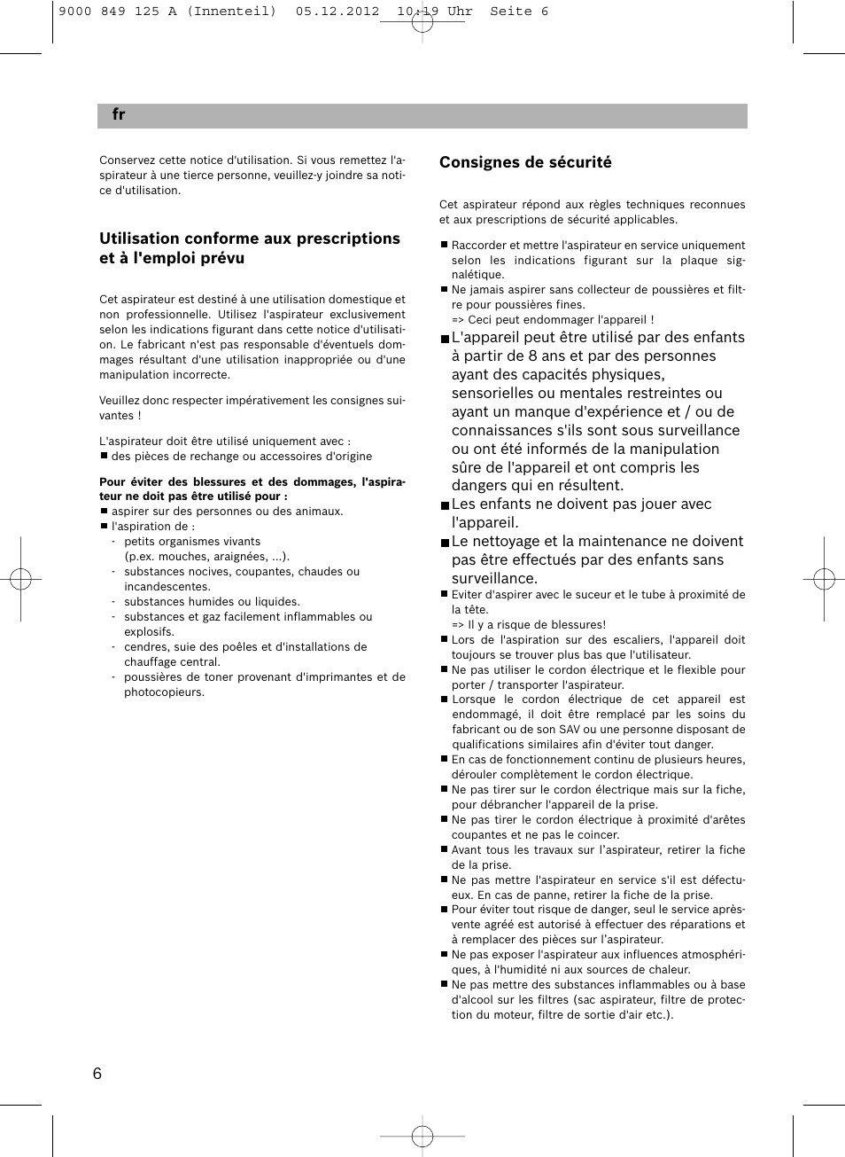 Consignes de sécurité, De fr | Siemens VS06G2080 User Manual | Page 7 / 117