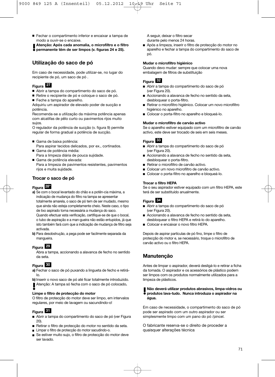 Utilização do saco de pó, Manutenção | Siemens VS06G2080 User Manual | Page 72 / 117