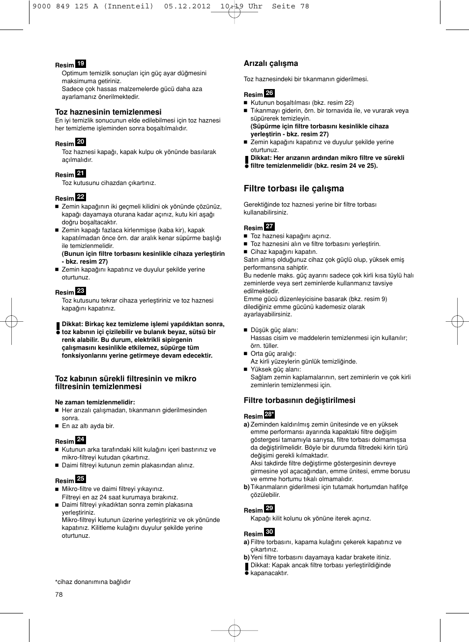 Filtre torbas∂ ile çal∂µma | Siemens VS06G2080 User Manual | Page 79 / 117