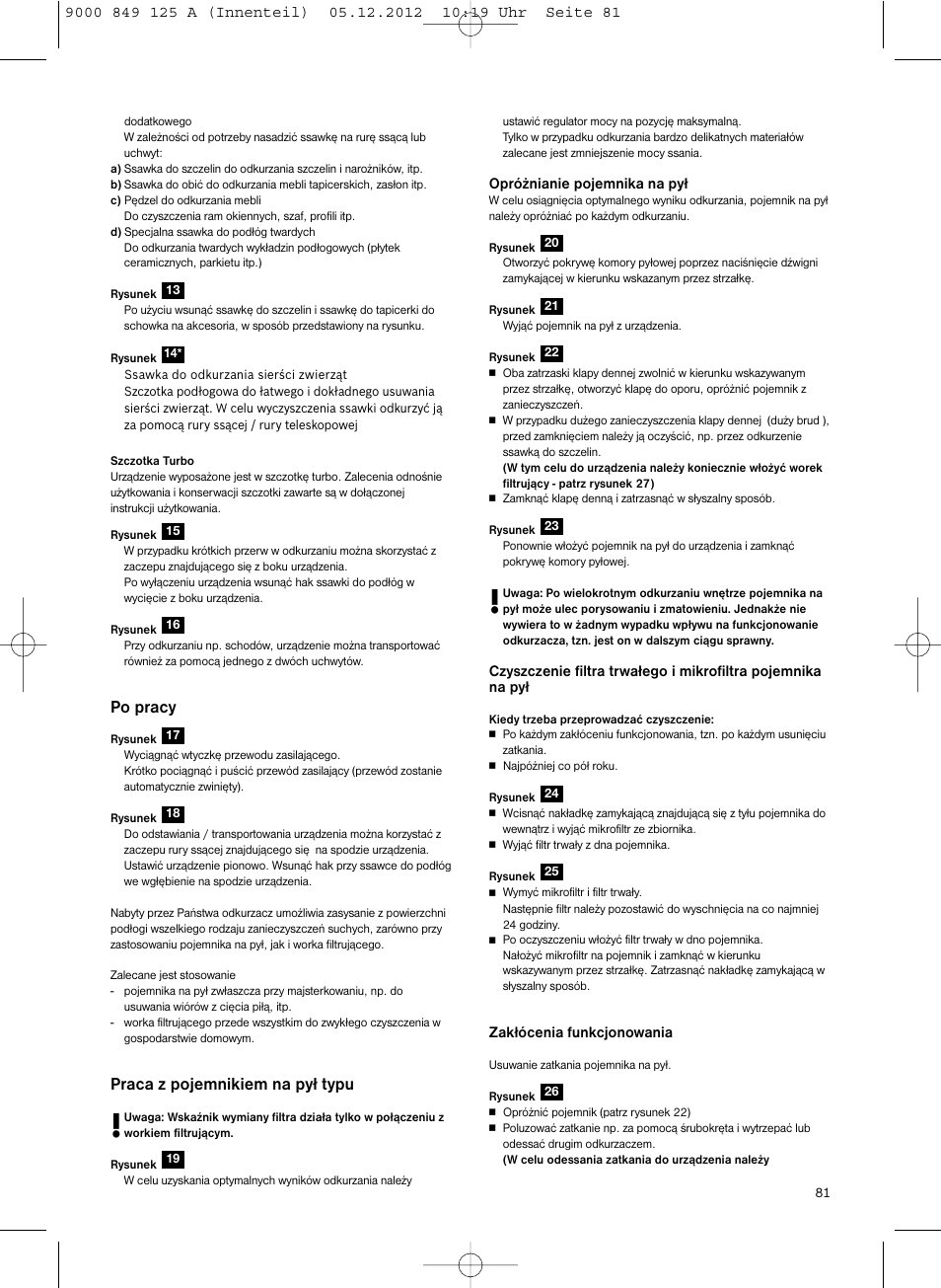 Po pracy, Praca z pojemnikiem na pył typu | Siemens VS06G2080 User Manual | Page 82 / 117