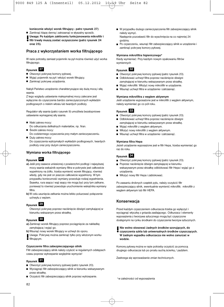 Praca z wykorzystaniem worka filtrującego, Konserwacja | Siemens VS06G2080 User Manual | Page 83 / 117