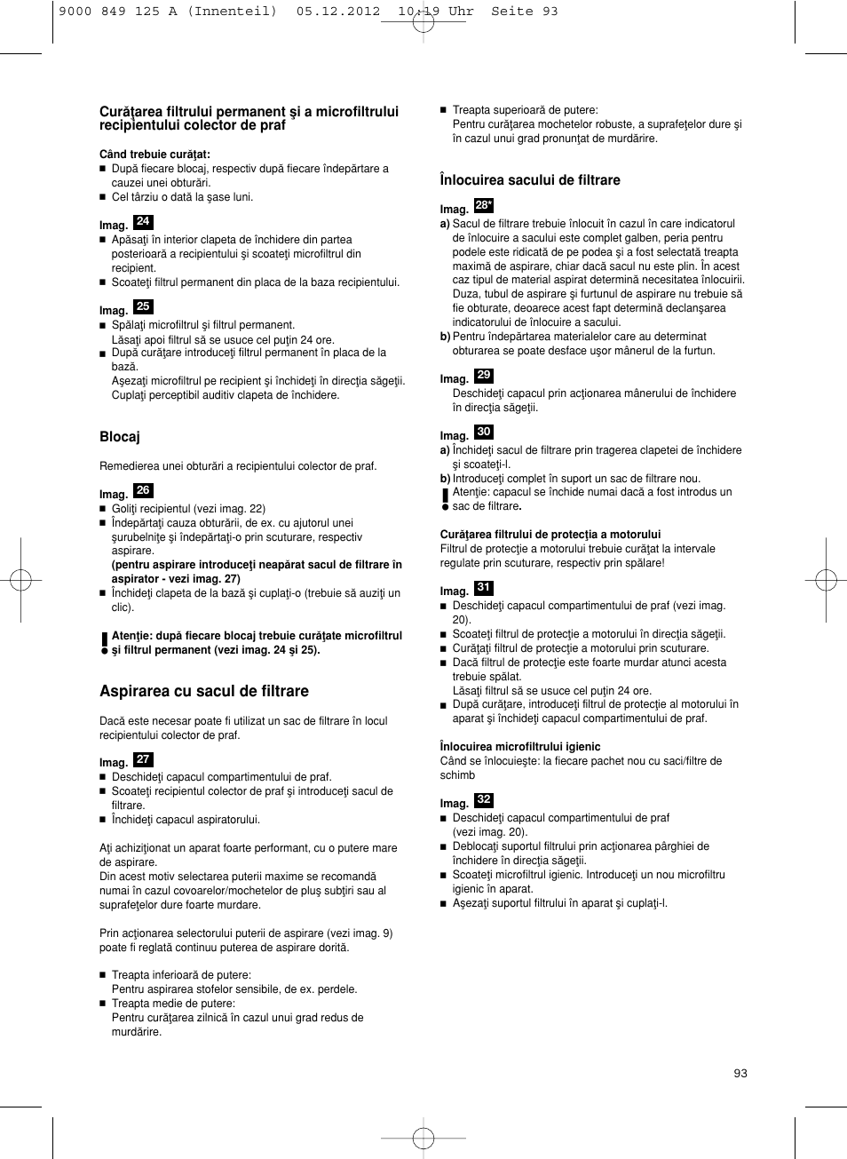 Aspirarea cu sacul de filtrare | Siemens VS06G2080 User Manual | Page 94 / 117