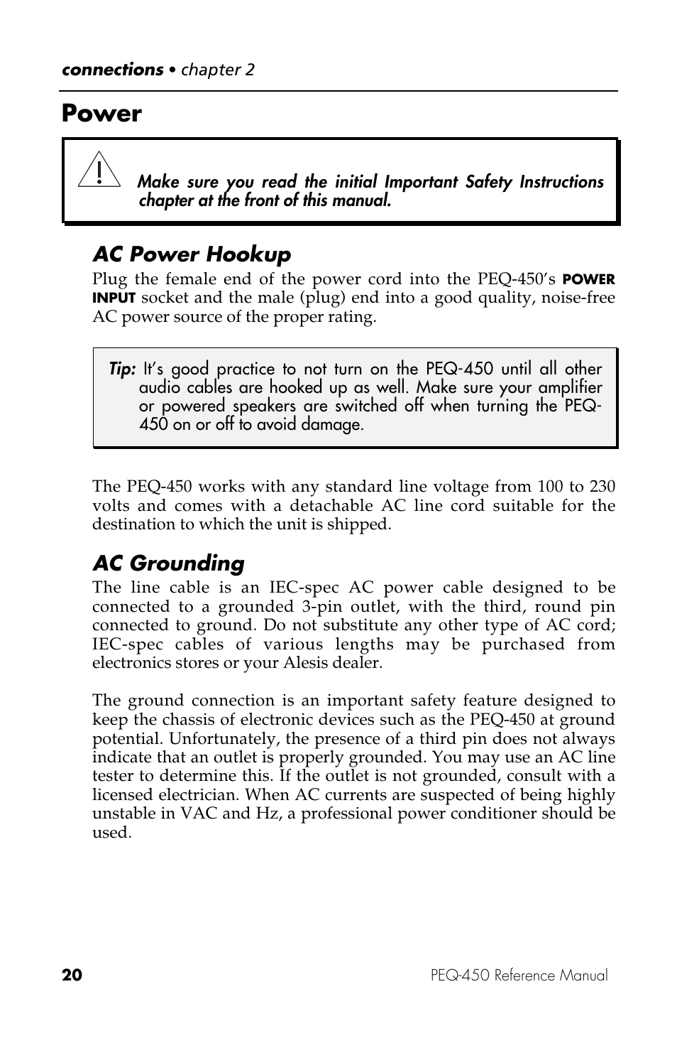 Power, Ac power hookup, Ac grounding | ALESIS PEQ-450 User Manual | Page 20 / 44