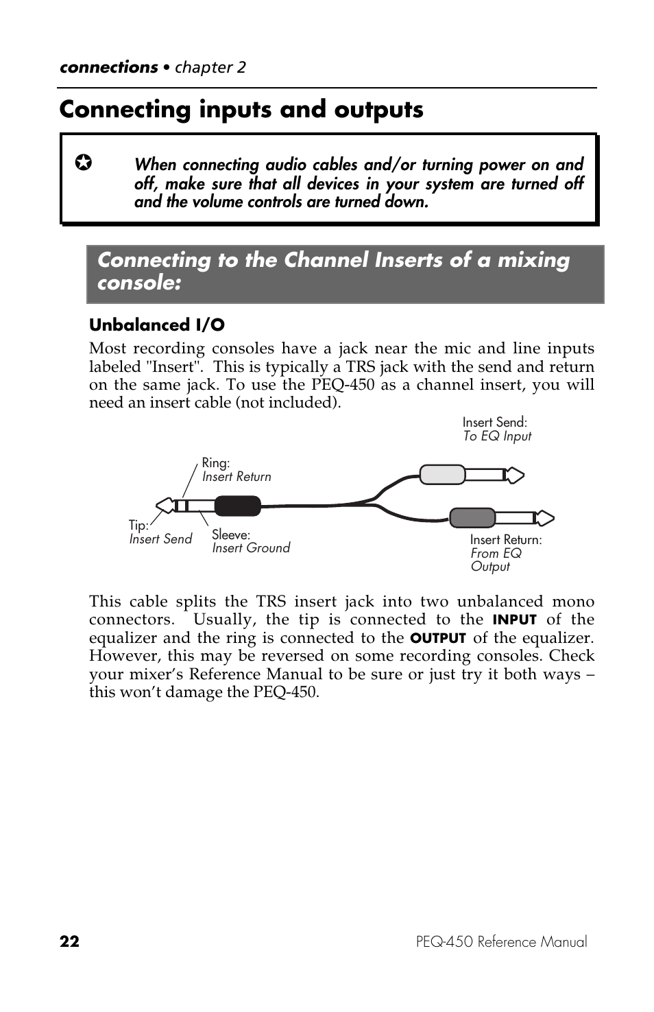 Connecting inputs and outputs | ALESIS PEQ-450 User Manual | Page 22 / 44