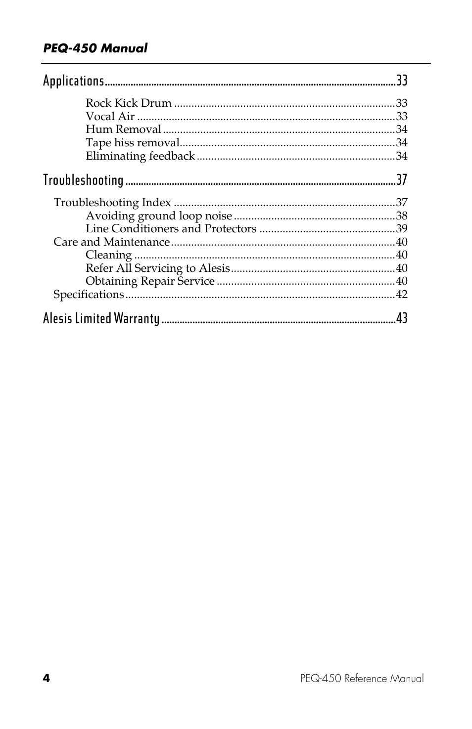 Applications, Troubleshooting, Alesis limited warranty | ALESIS PEQ-450 User Manual | Page 4 / 44