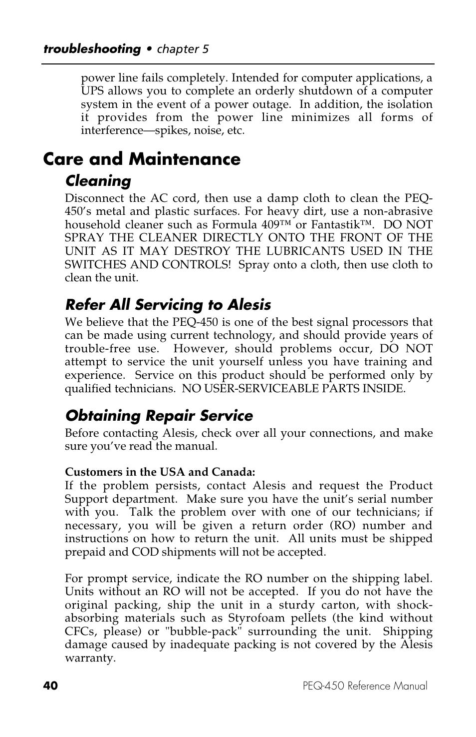 Care and maintenance | ALESIS PEQ-450 User Manual | Page 40 / 44