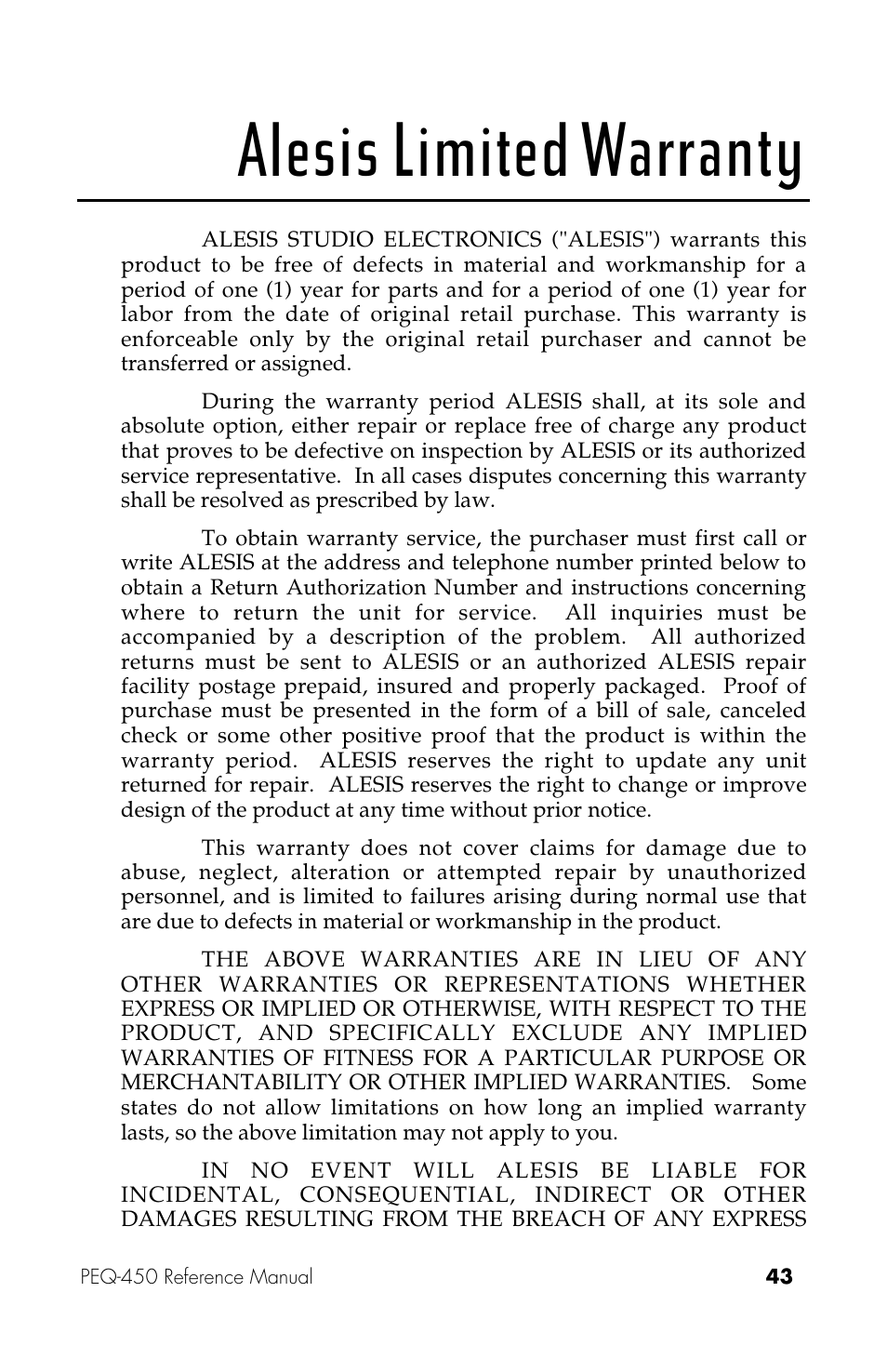 Alesis limited warranty | ALESIS PEQ-450 User Manual | Page 43 / 44