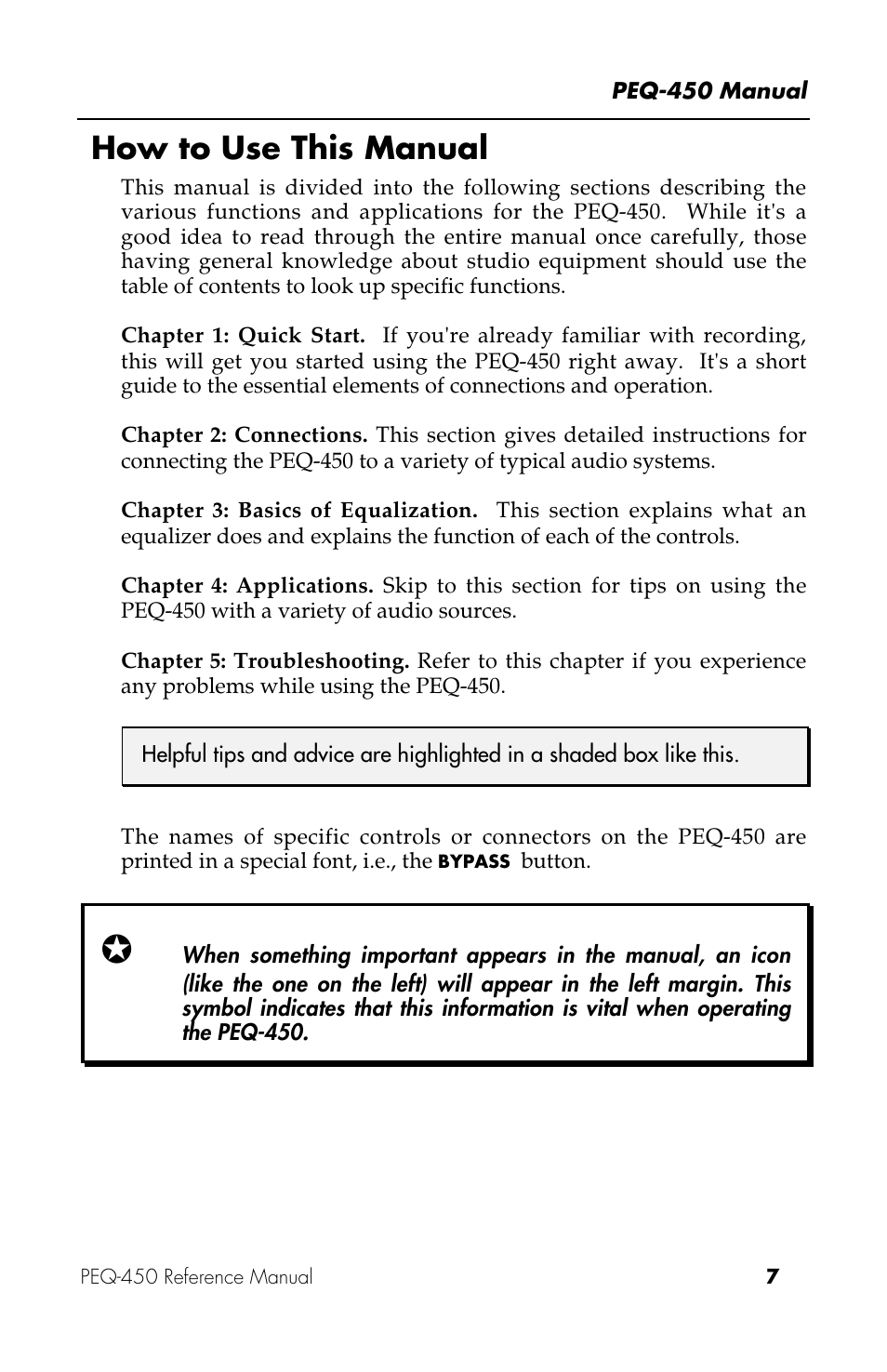 How to use this manual | ALESIS PEQ-450 User Manual | Page 7 / 44