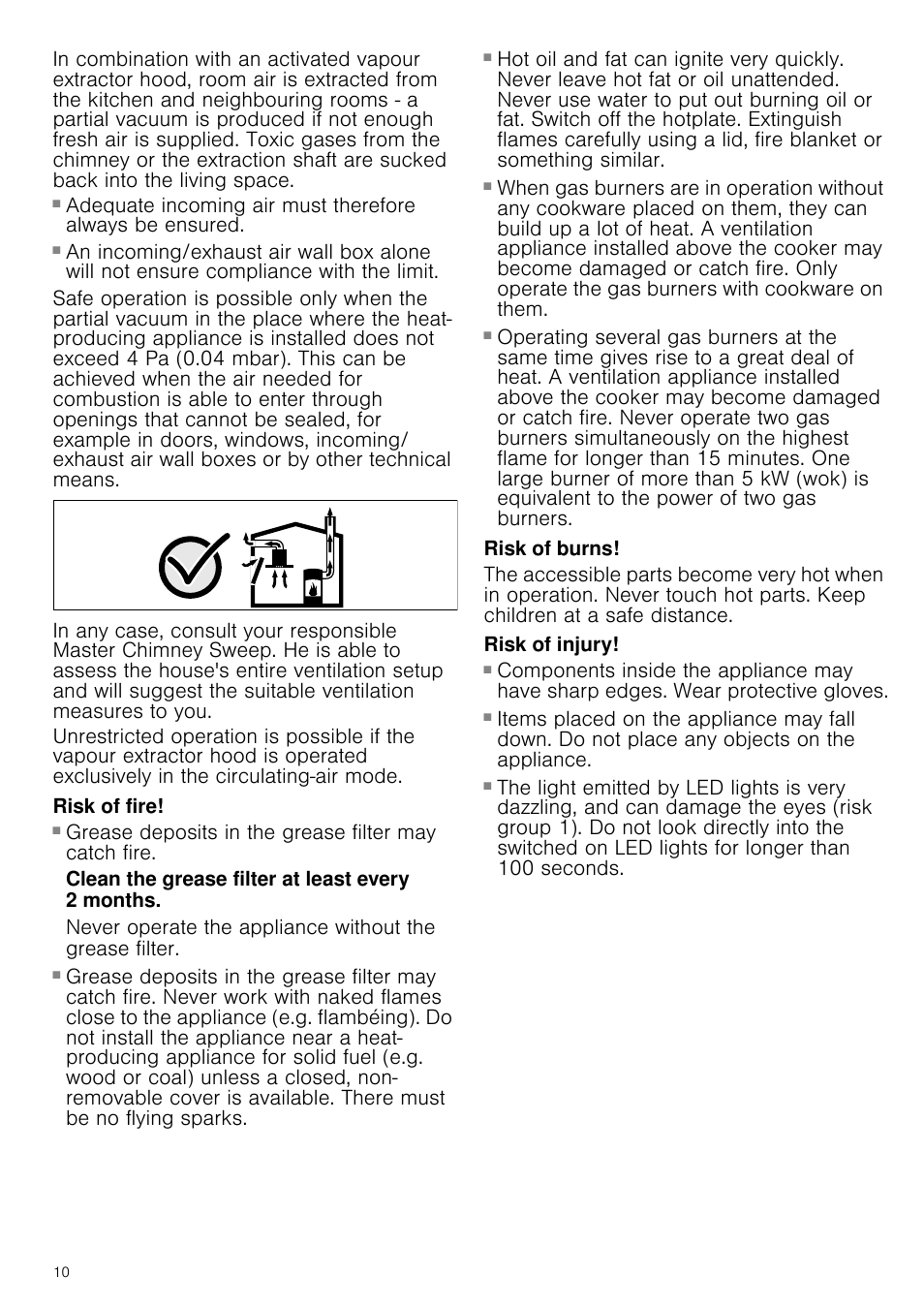 Risk of fire, Clean the grease filter at least every 2 months, Risk of burns | Risk of injury | Siemens LC98KA671 User Manual | Page 10 / 24