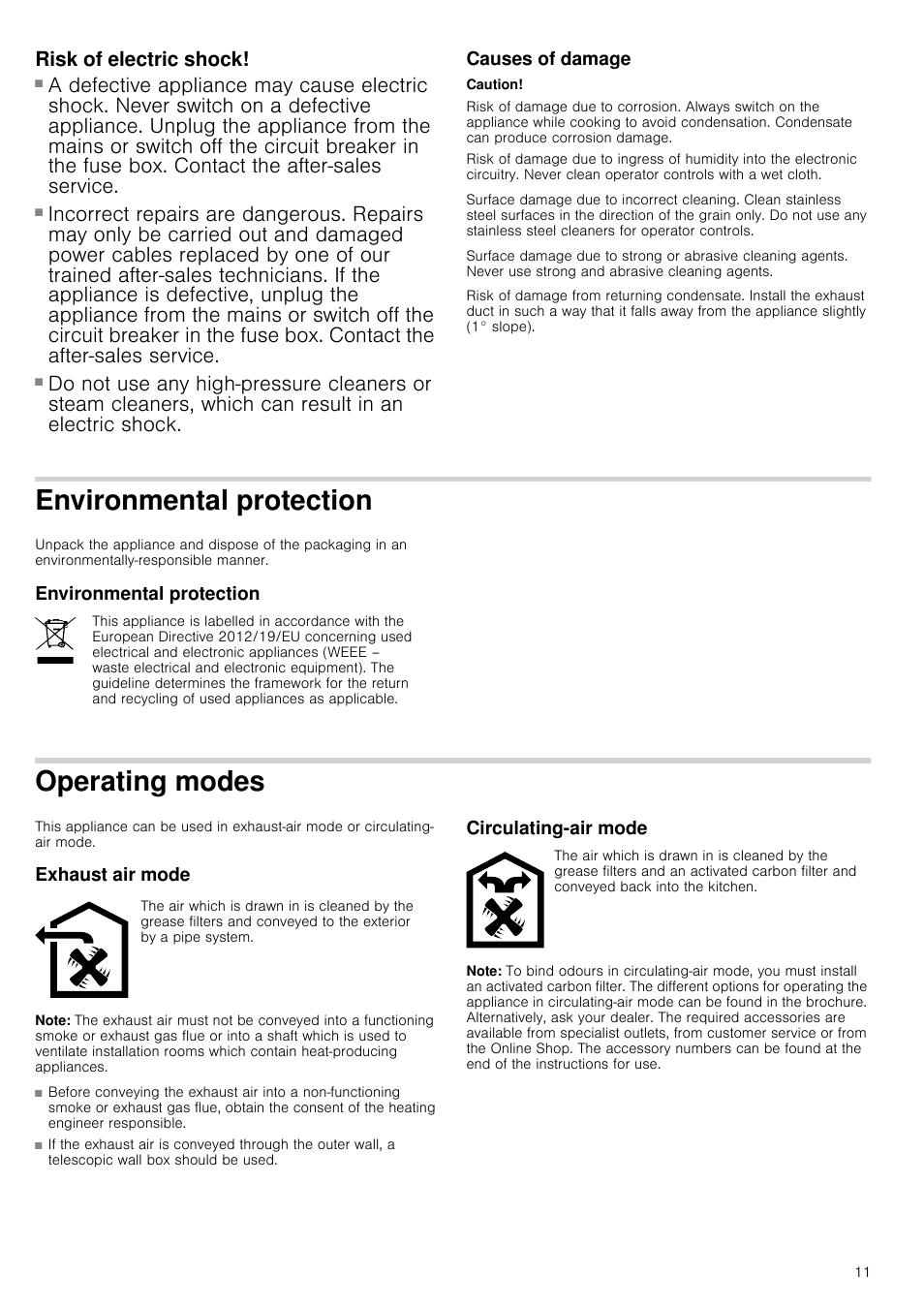 Risk of electric shock, Causes of damage, Caution | Environmental protection, Operating modes, Exhaust air mode, Note, Circulating-air mode, Ection environmental protection | Siemens LC98KA671 User Manual | Page 11 / 24