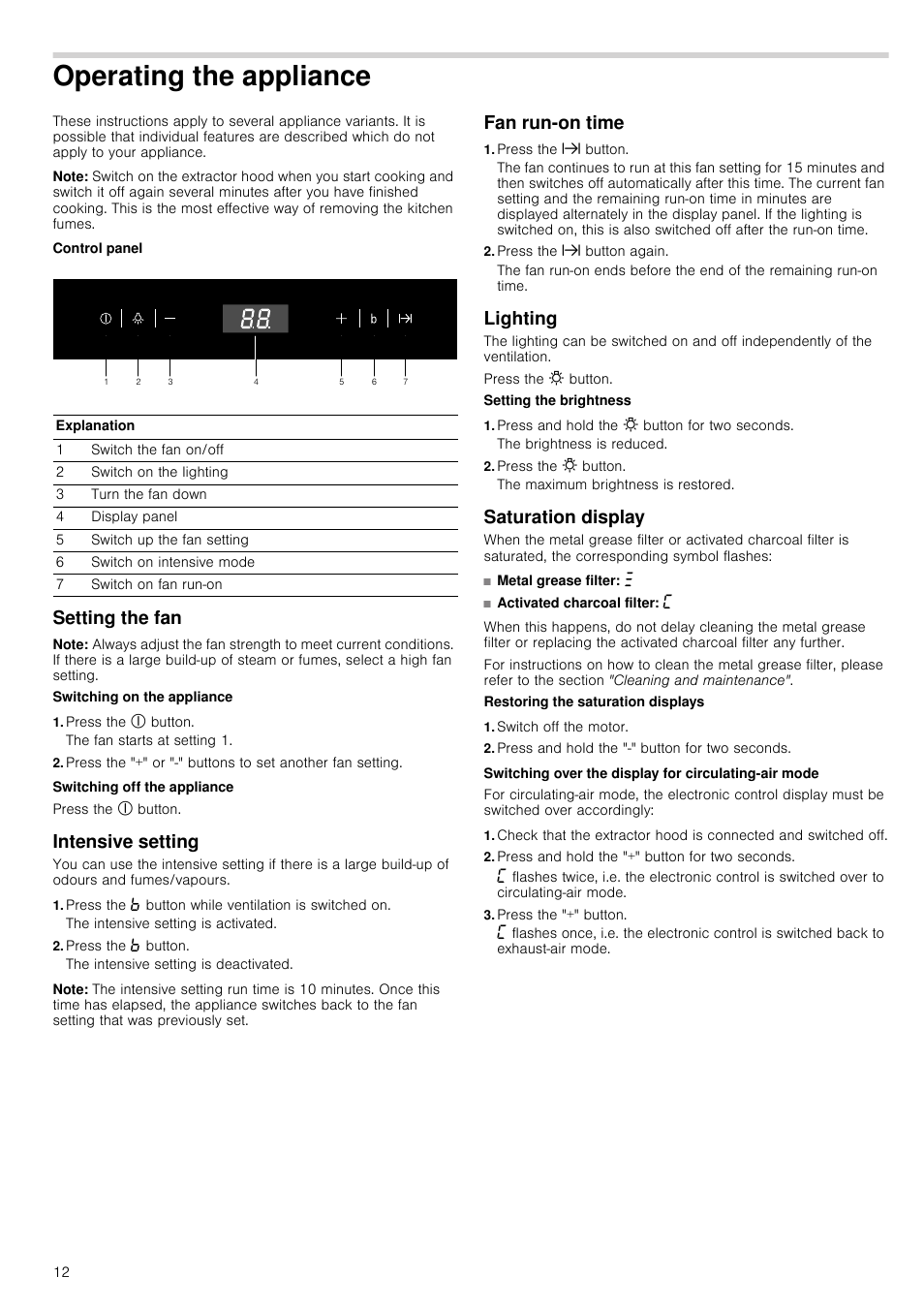 Operating the appliance, Note, Control panel | Setting the fan, Press the # button, Intensive setting, Press the › button, Fan run-on time, Press the x button, Press the x button again | Siemens LC98KA671 User Manual | Page 12 / 24