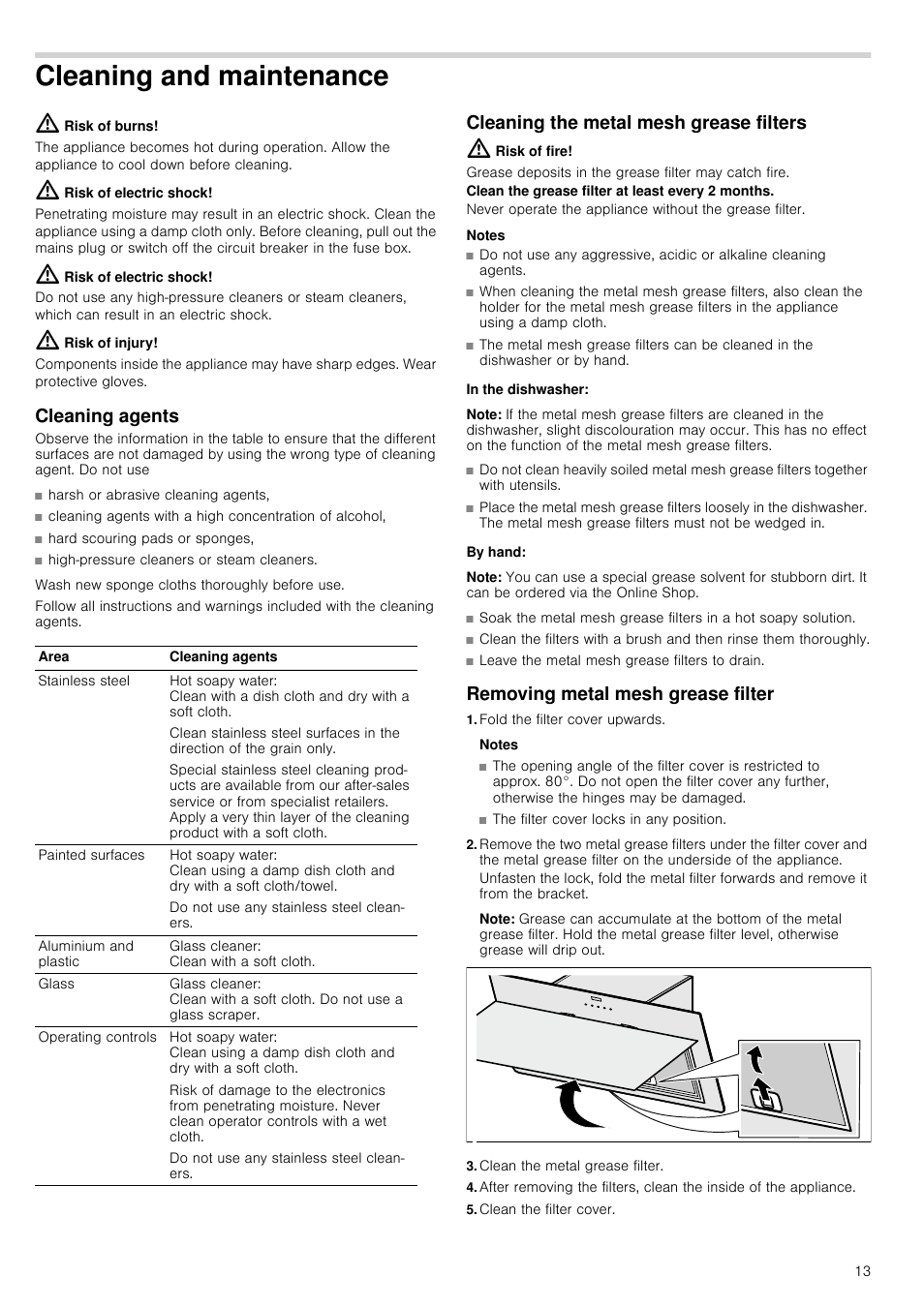 Cleaning and maintenance, Risk of burns, Risk of electric shock | Risk of injury, Cleaning agents, Harsh or abrasive cleaning agents, Cleaning the metal mesh grease filters, Risk of fire, Notes, In the dishwasher | Siemens LC98KA671 User Manual | Page 13 / 24