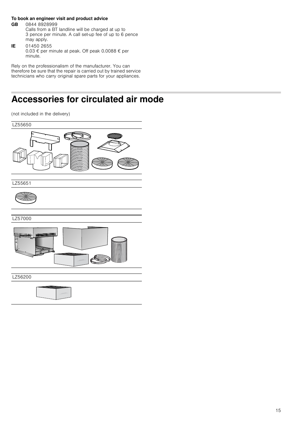 To book an engineer visit and product advice, Accessories for circulated air mode | Siemens LC98KA671 User Manual | Page 15 / 24