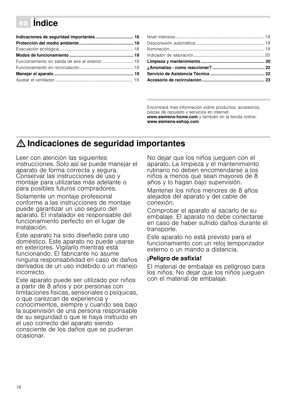 Û índice[es] instrucciones de uso, Indicaciones de seguridad importantes, Peligro de asfixia | Índice | Siemens LC98KA671 User Manual | Page 16 / 24