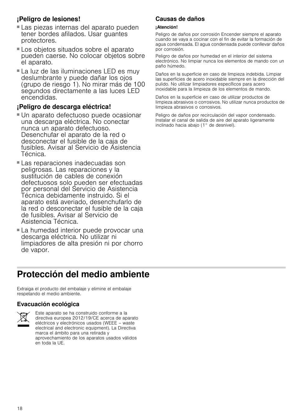 Peligro de lesiones, Peligro de descarga eléctrica, Causas de daños | Atención, Protección del medio ambiente, Evacuación ecológica | Siemens LC98KA671 User Manual | Page 18 / 24