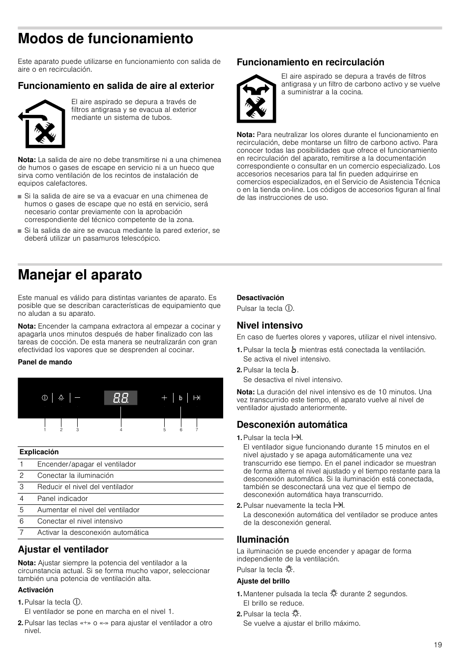 Modos de funcionamiento, Funcionamiento en salida de aire al exterior, Nota | Funcionamiento en recirculación, Manejar el aparato, Panel de mando, Ajustar el ventilador, Pulsar la tecla, Nivel intensivo, Desconexión automática | Siemens LC98KA671 User Manual | Page 19 / 24