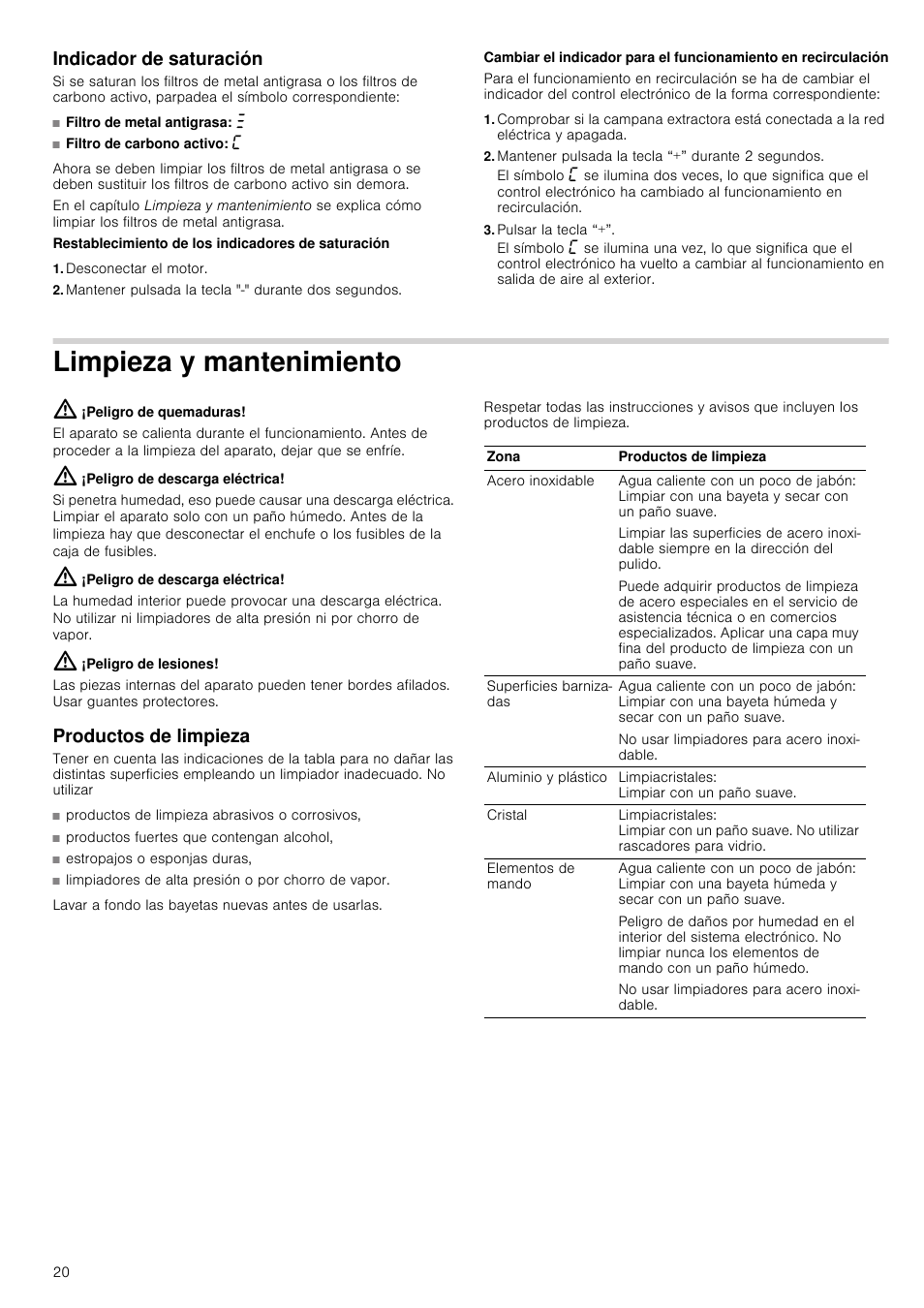 Indicador de saturación, Filtro de metal antigrasa: ª, Desconectar el motor | Mantener pulsada la tecla "-" durante dos segundos, Mantener pulsada la tecla “+” durante 2 segundos, Pulsar la tecla, Limpieza y mantenimiento, Peligro de quemaduras, Peligro de descarga eléctrica, Peligro de lesiones | Siemens LC98KA671 User Manual | Page 20 / 24