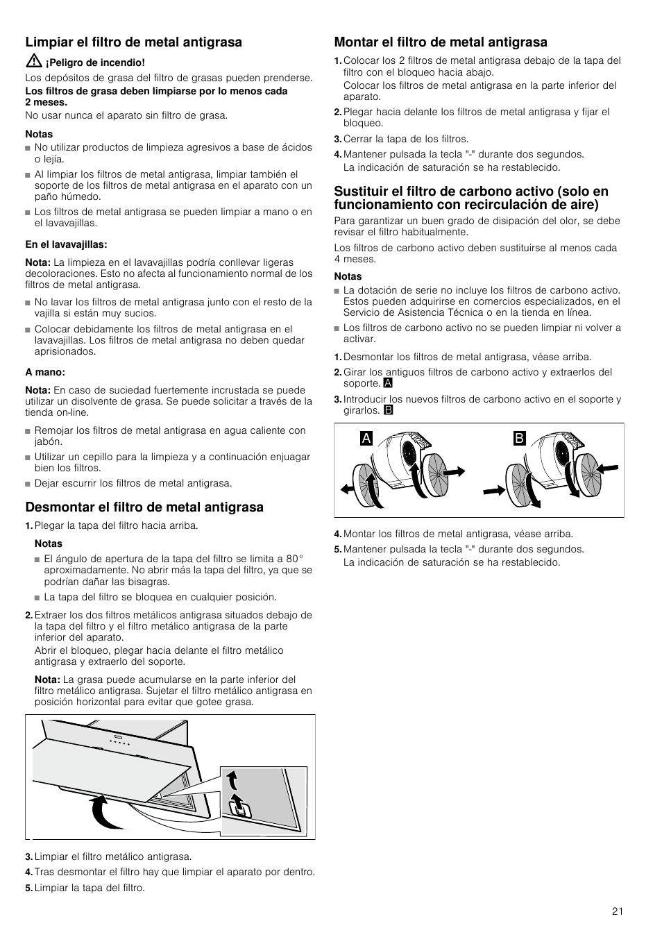 Limpiar el filtro de metal antigrasa, Peligro de incendio, Notas | En el lavavajillas, Nota, A mano, Desmontar el filtro de metal antigrasa, Plegar la tapa del filtro hacia arriba, Limpiar el filtro metálico antigrasa, Limpiar la tapa del filtro | Siemens LC98KA671 User Manual | Page 21 / 24