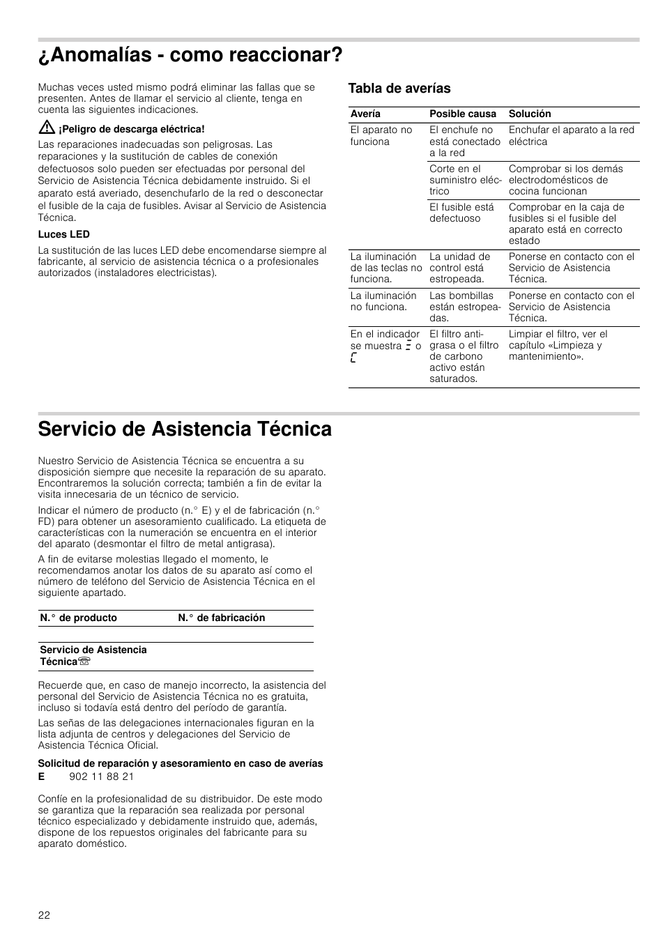 Anomalías - como reaccionar, Peligro de descarga eléctrica, Tabla de averías | Servicio de asistencia técnica, Eaccionar, Encia técnica | Siemens LC98KA671 User Manual | Page 22 / 24