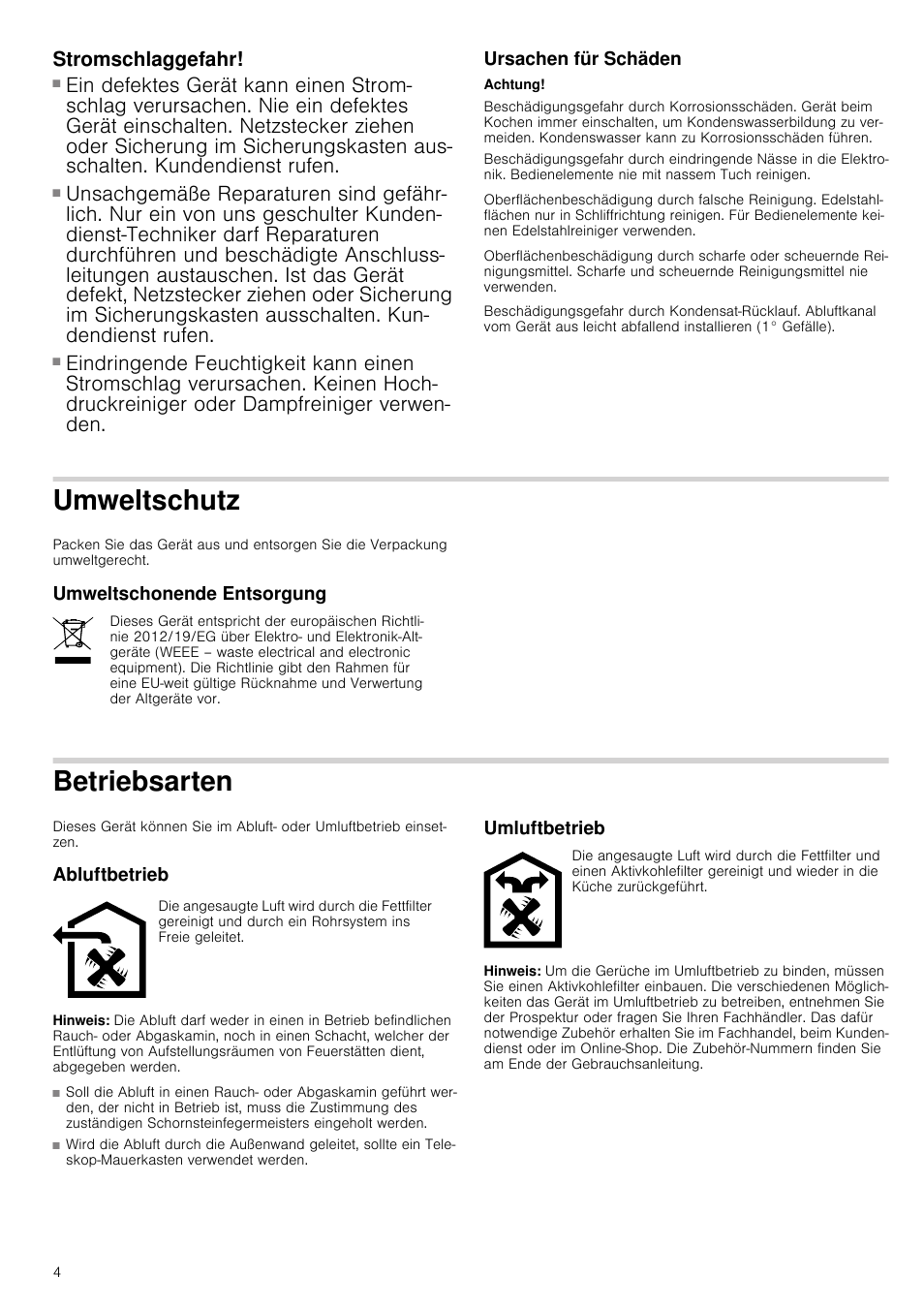 Stromschlaggefahr, Ursachen für schäden, Achtung | Umweltschutz, Umweltschonende entsorgung, Betriebsarten, Abluftbetrieb, Hinweis, Umluftbetrieb, Weltschutz | Siemens LC98KA671 User Manual | Page 4 / 24