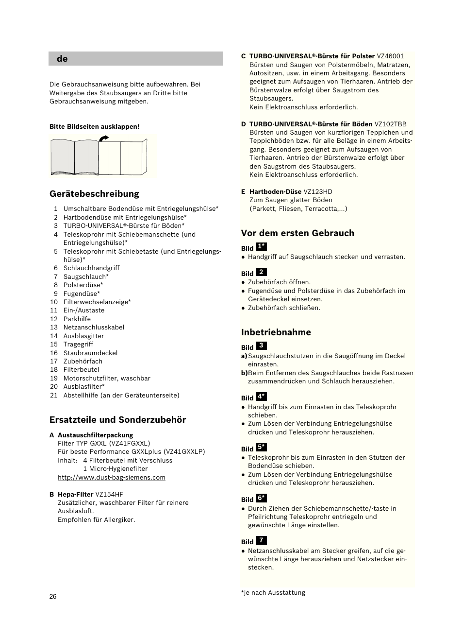 Gerätebeschreibung, Ersatzteile und sonderzubehör, Vor dem ersten gebrauch | Inbetriebnahme | Siemens VSZ5GPX2 User Manual | Page 32 / 94