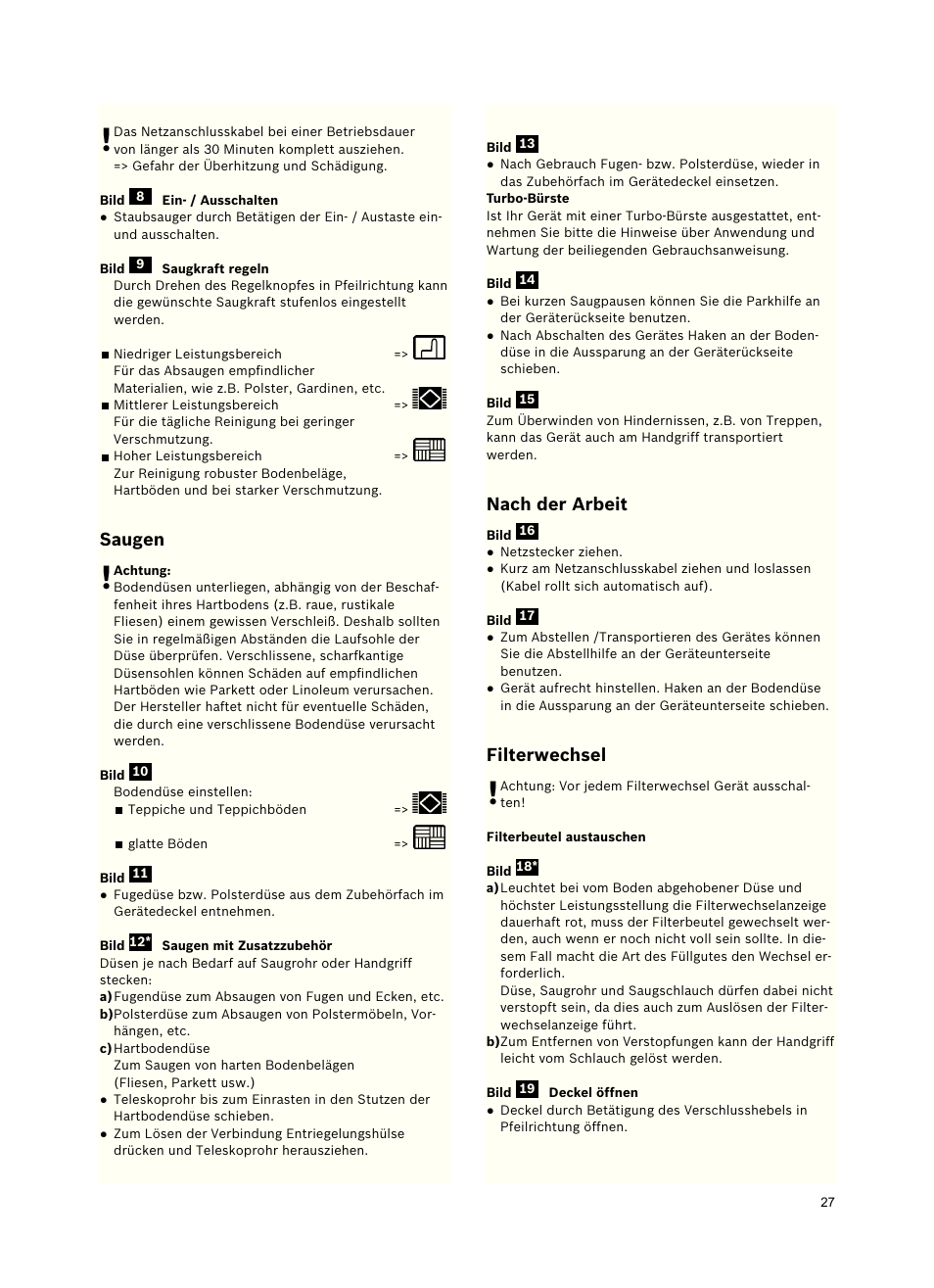 Saugen, Nach der arbeit, Filterwechsel | Siemens VSZ5GPX2 User Manual | Page 33 / 94