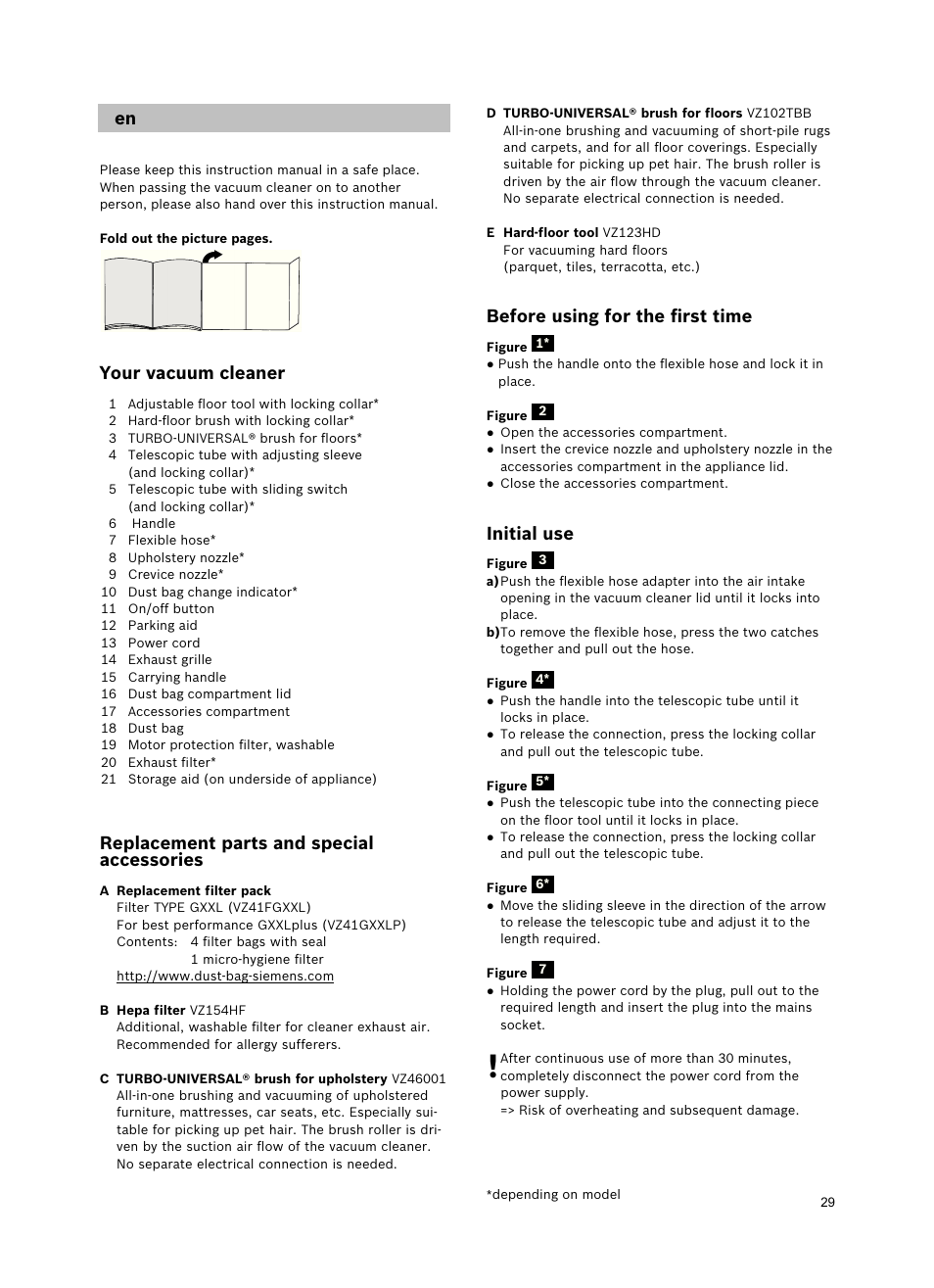 Your vacuum cleaner, Replacement parts and special accessories, Before using for the ﬁrst time | Initial use | Siemens VSZ5GPX2 User Manual | Page 35 / 94