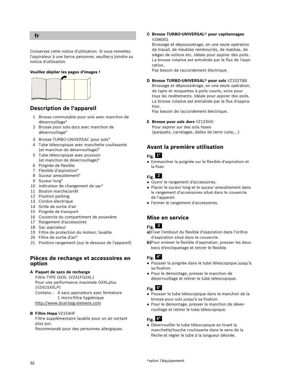 Description de l'appareil, Pièces de rechange et accessoires en option, Avant la première utilisation | Mise en service | Siemens VSZ5GPX2 User Manual | Page 38 / 94