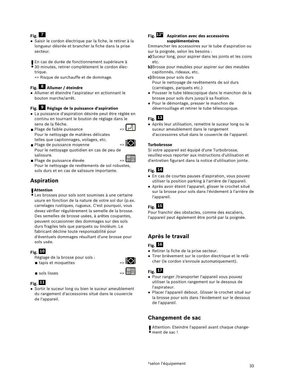 Aspiration, Après le travail, Changement de sac | Siemens VSZ5GPX2 User Manual | Page 39 / 94