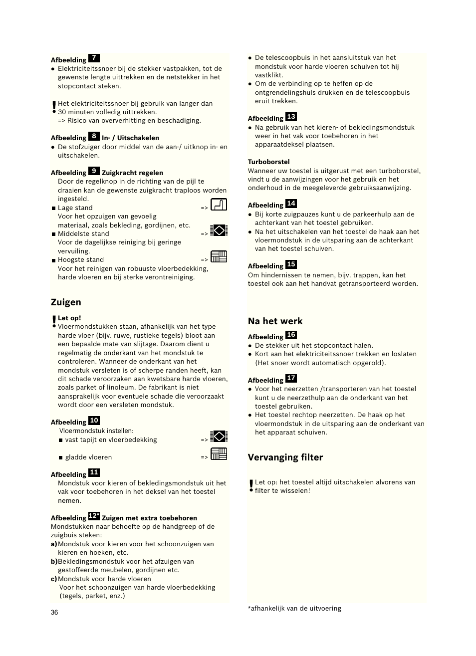 Zuigen, Na het werk, Vervanging ﬁlter | Siemens VSZ5GPX2 User Manual | Page 42 / 94