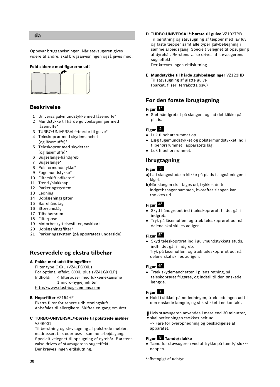 Beskrivelse, Reservedele og ekstra tilbehør, Før den første ibrugtagning | Ibrugtagning | Siemens VSZ5GPX2 User Manual | Page 44 / 94