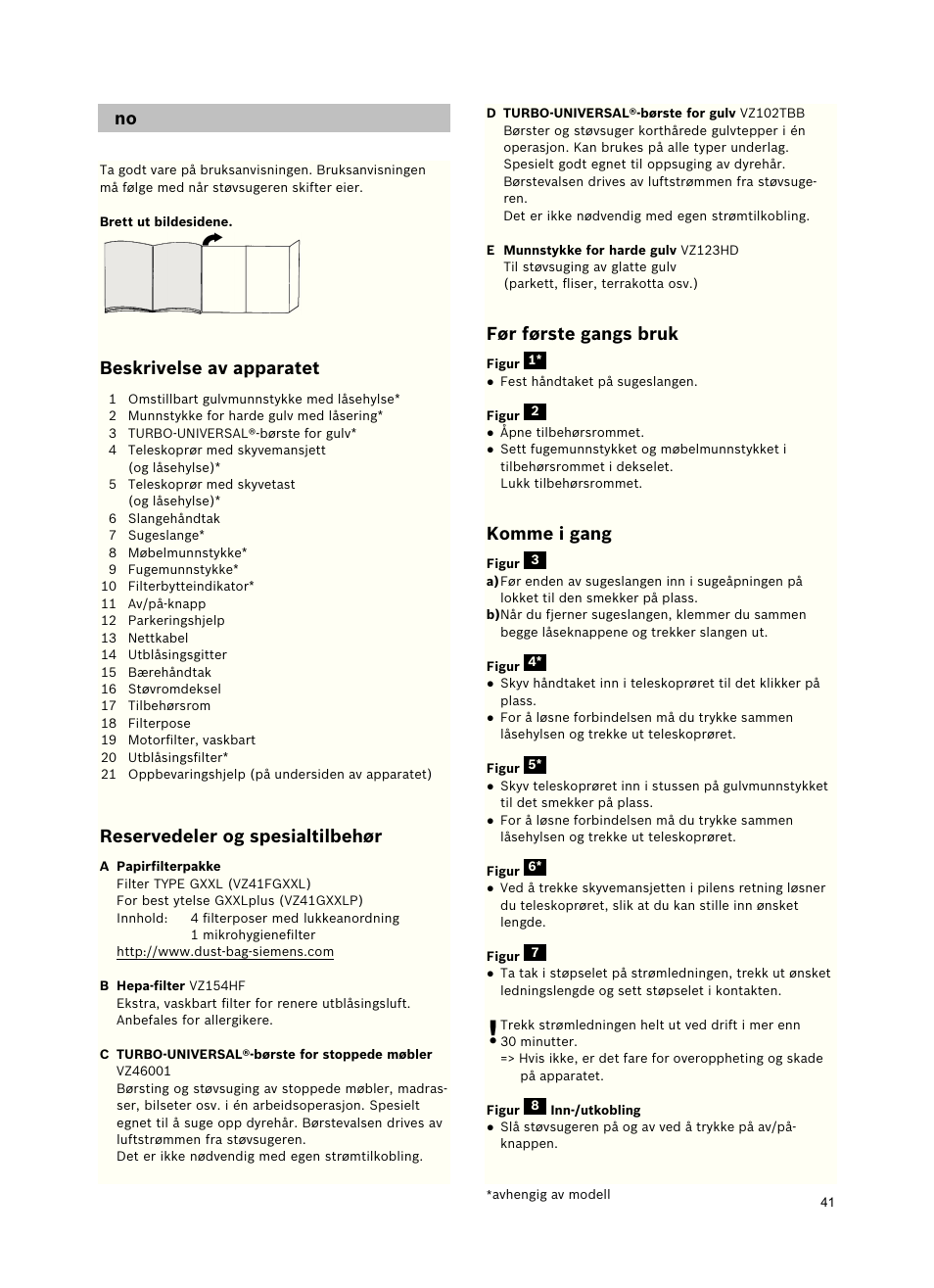 Beskrivelse av apparatet, Reservedeler og spesialtilbehør, Før første gangs bruk | Komme i gang | Siemens VSZ5GPX2 User Manual | Page 47 / 94